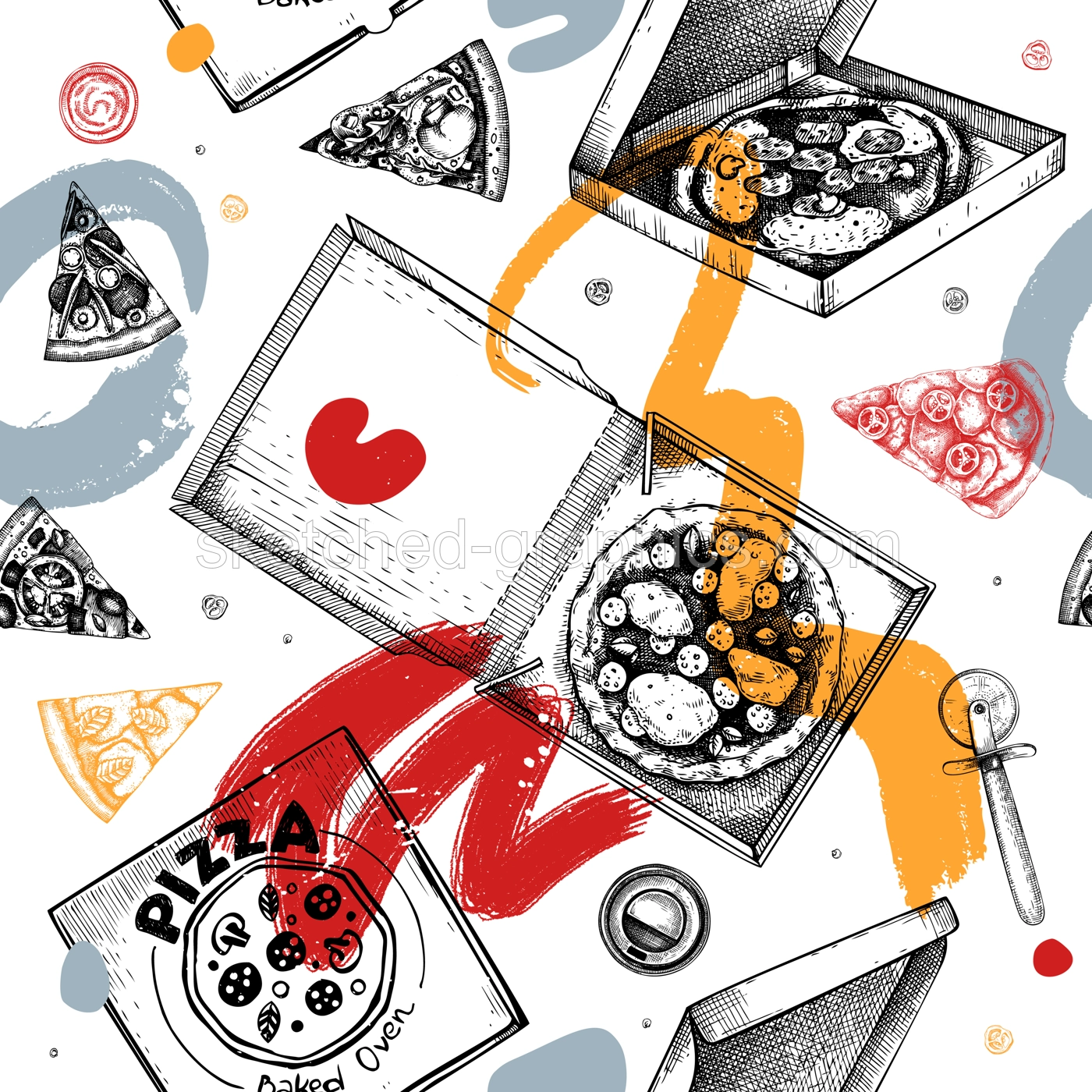 Pizza in paper box in collage style. Hand-drawn vector illustration. Fast food background. Takeaway food, delivery service. Italian cuisine seamless pattern Illustration